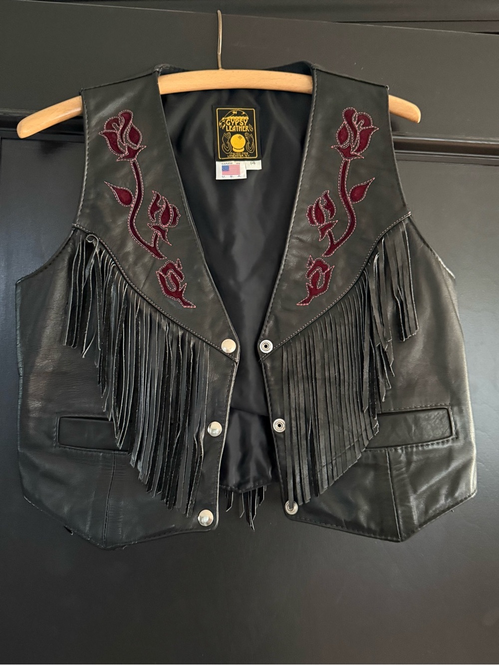 Vintage Gypsy Leather Rose Fringe Concho Vest Tagged 14 Fits Medium USA